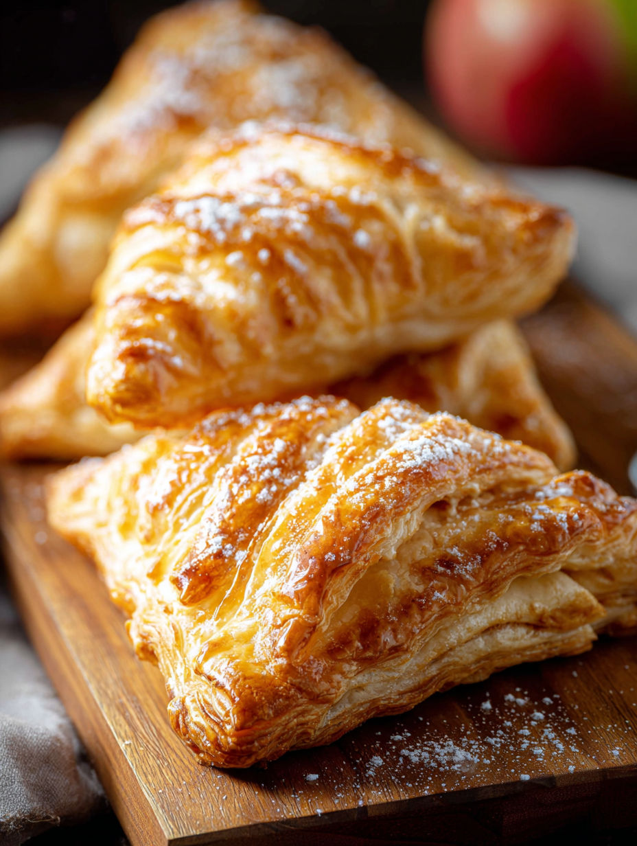 Blätterteig Apfeltaschen auf einem Holztisch.