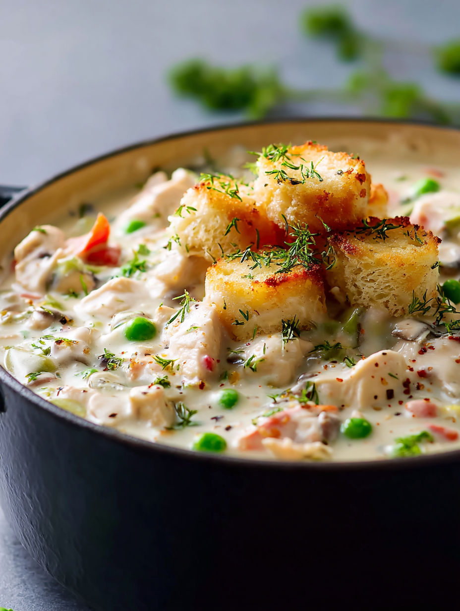 Eine Schüssel Chicken a la King mit Brotwürfeln.