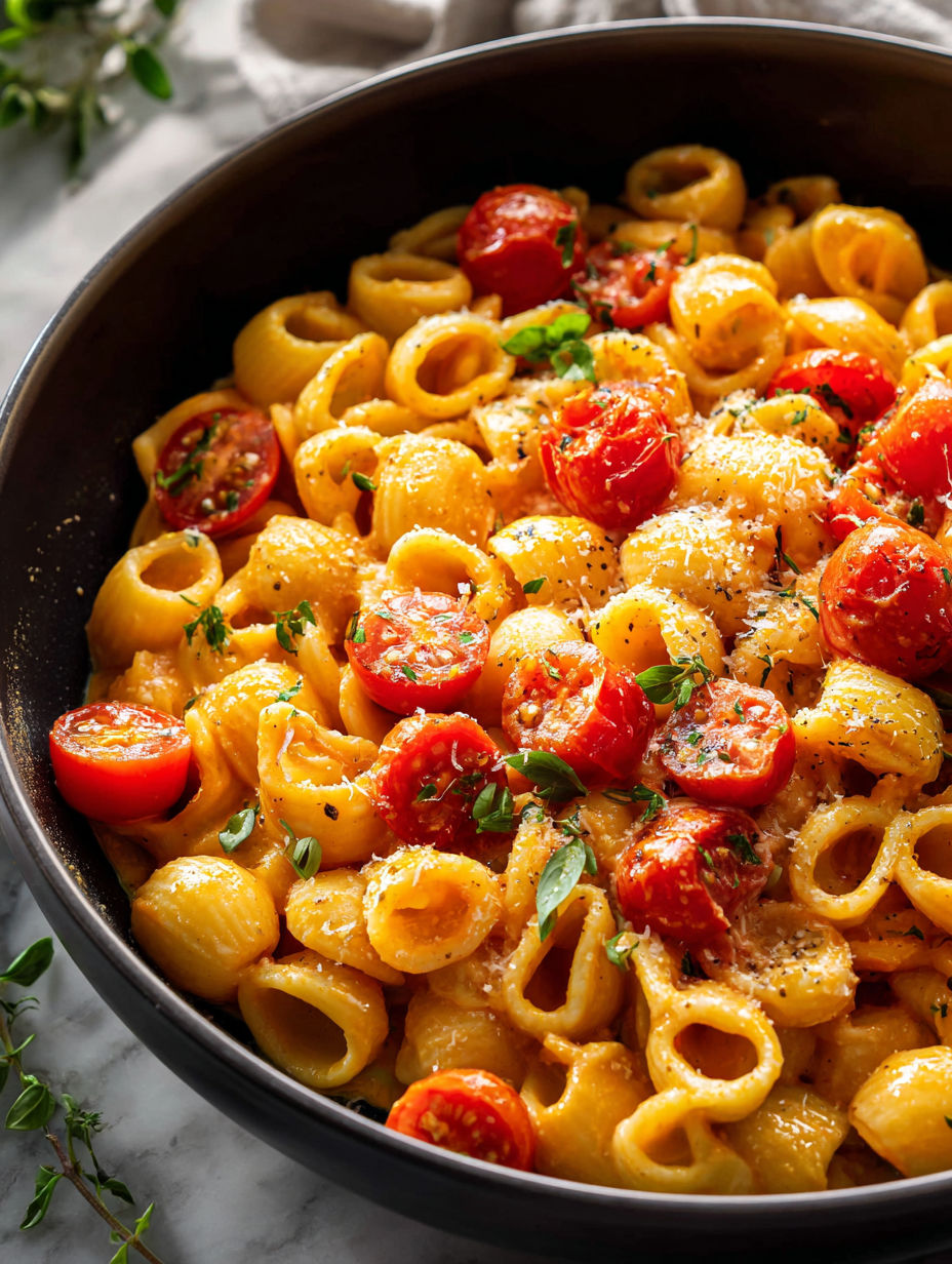 Eine Schale Pasta mit Kirschtomaten.