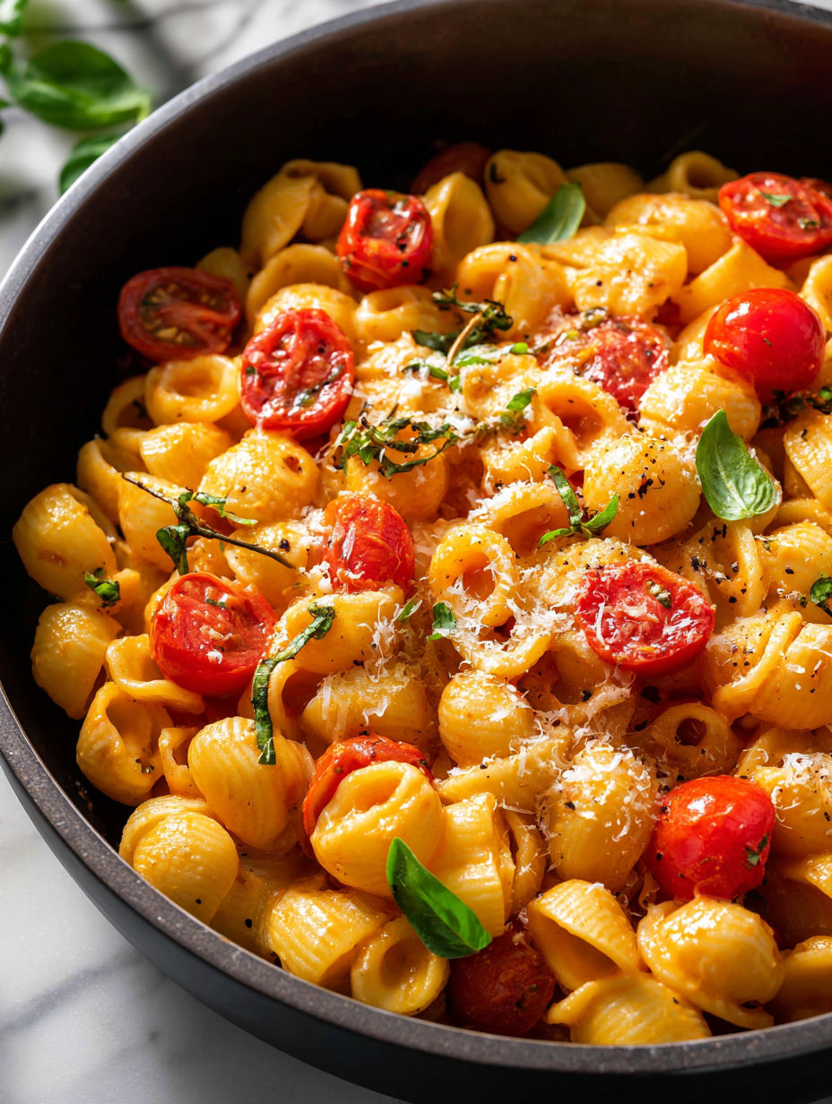 Eine Schale Pasta mit Tomaten und Käse.