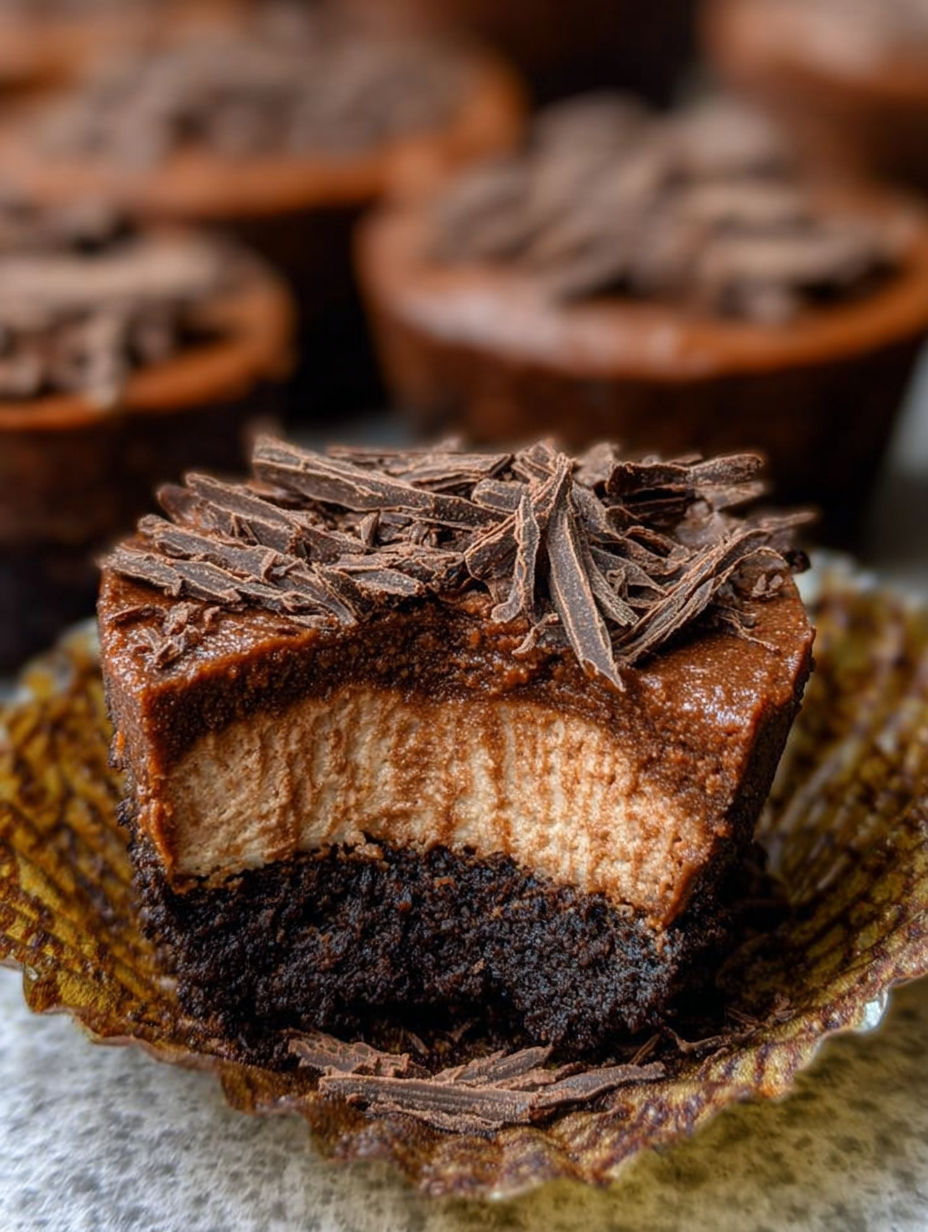 Ein Schoko Cheesecake mit Schokostückchen obendrauf.