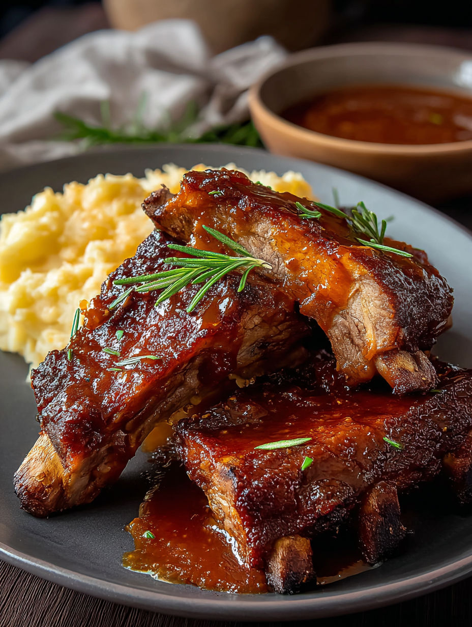 Ein Teller Rippchen mit Sauce.