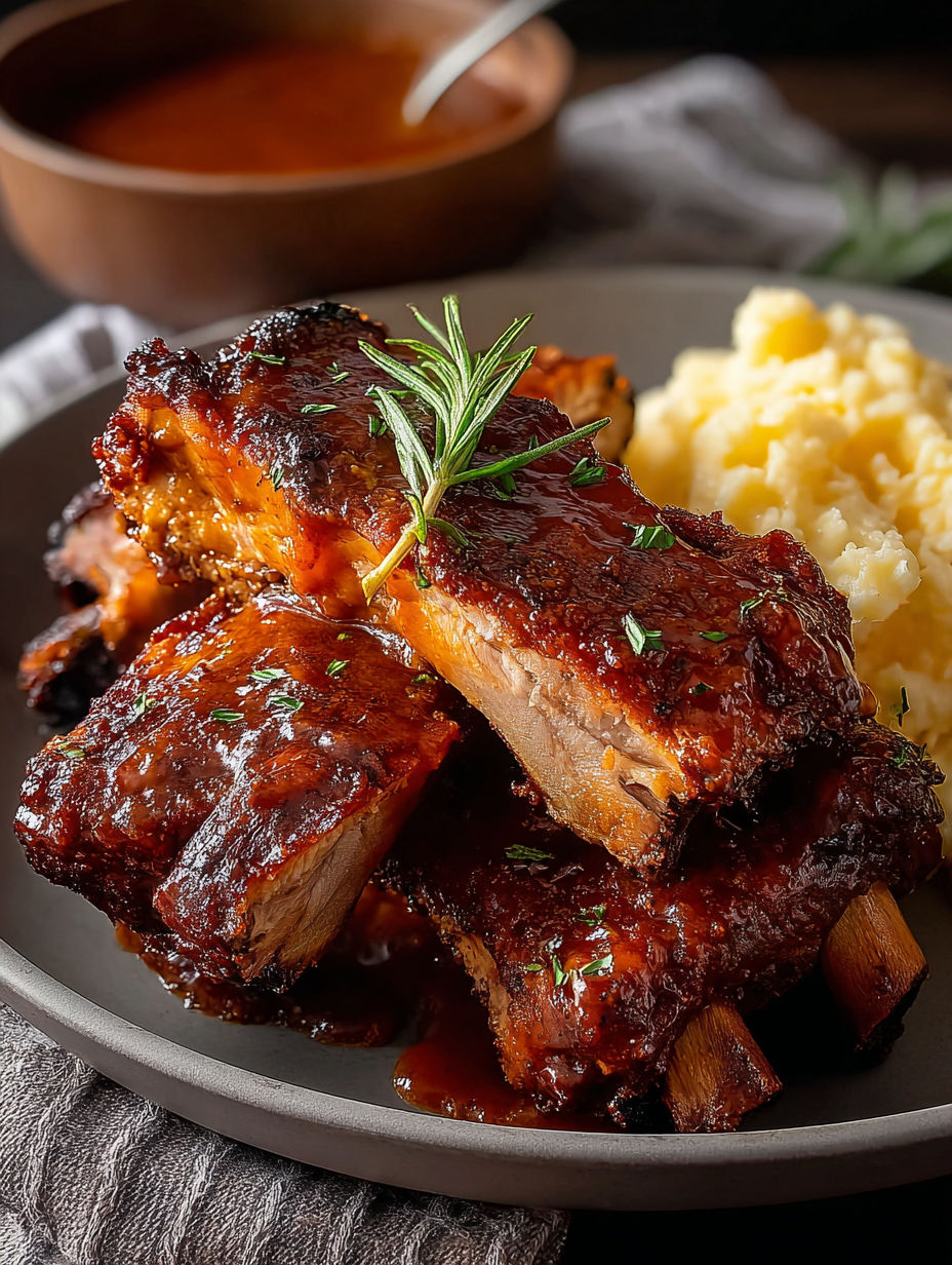 Ein Teller mit Rippchen und einem Zweig Petersilie oben drauf.