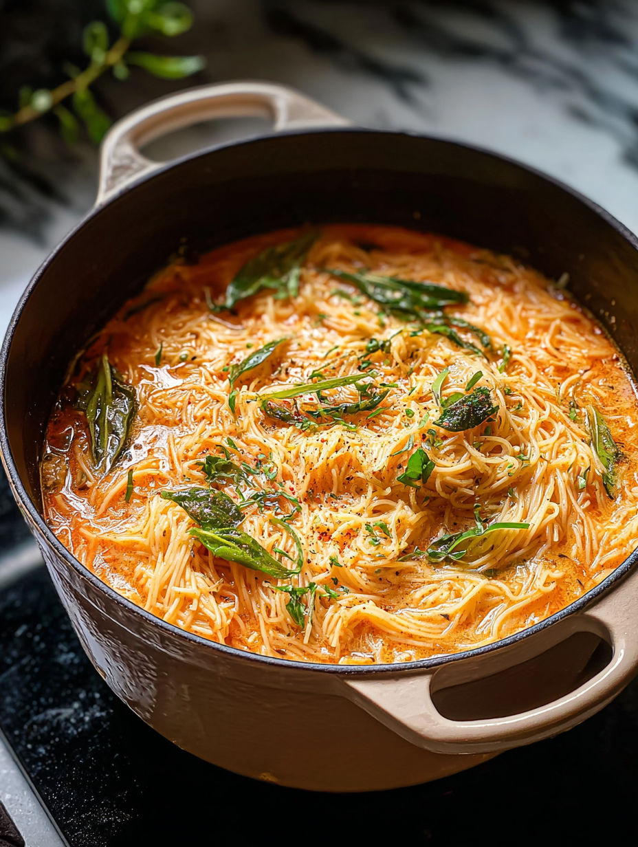 Ein Topf Suppe mit Nudeln und Gemüse.