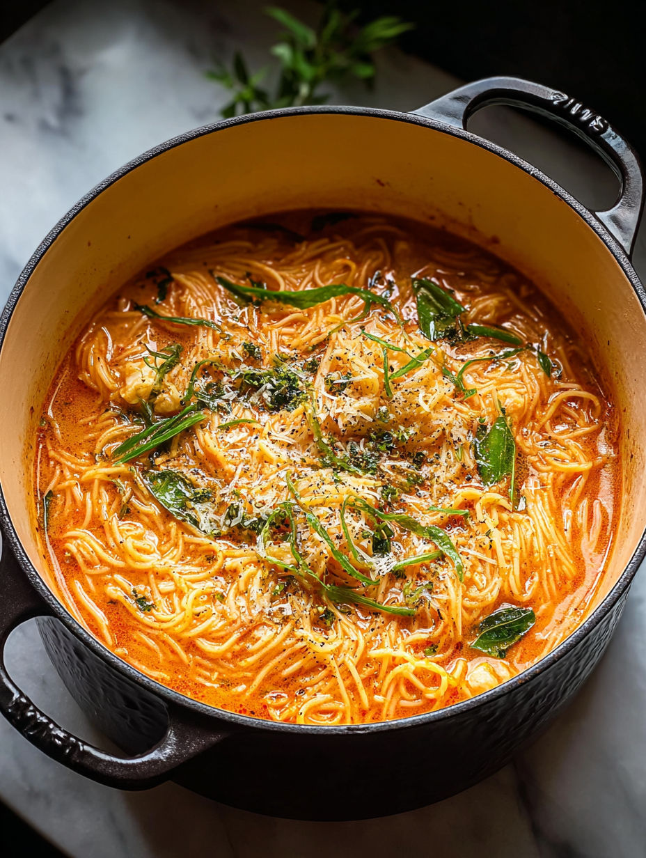 Ein Topf Suppe mit Nudeln und Gemüse.