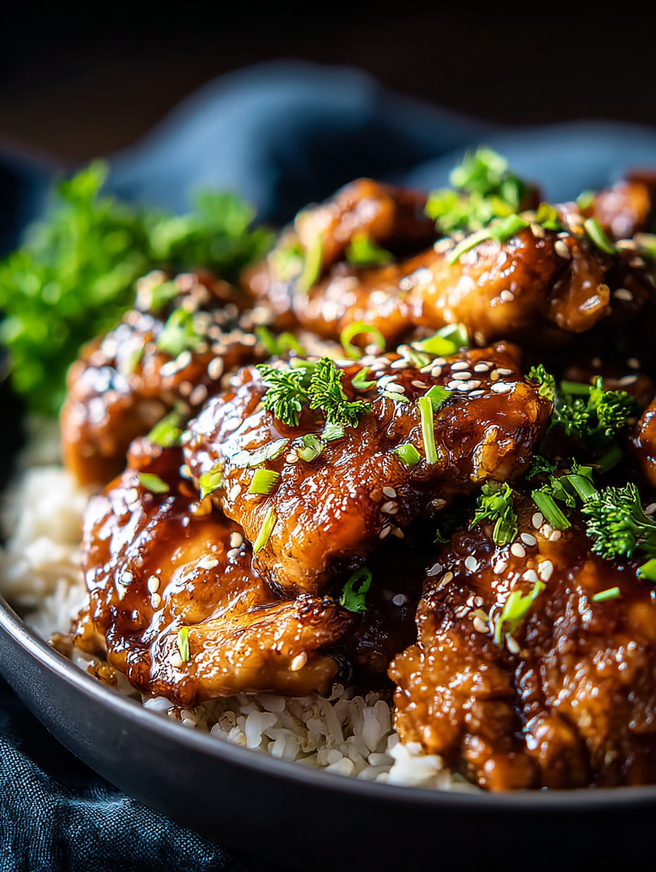 Ein Teller mit Hüftstücken, Reis und Garnierung.