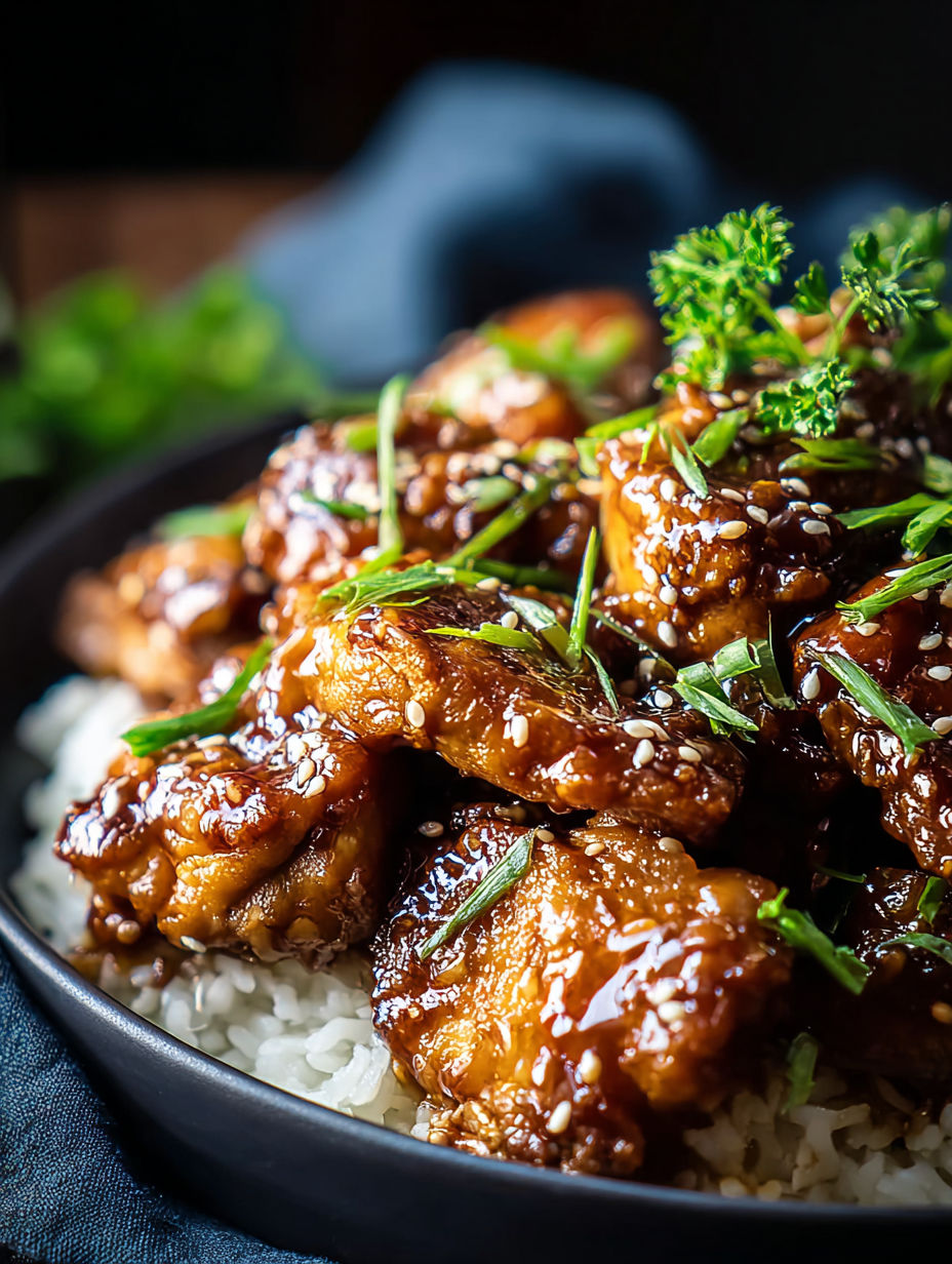 Eine Schüssel mit Hähnchenschenkeln, Reis und Kräutern.