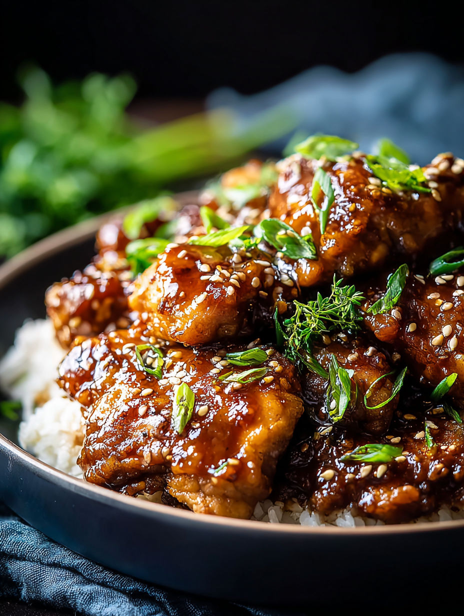 Ein Teller mit Hähnchenschenkeln, Reis und Kräutern.