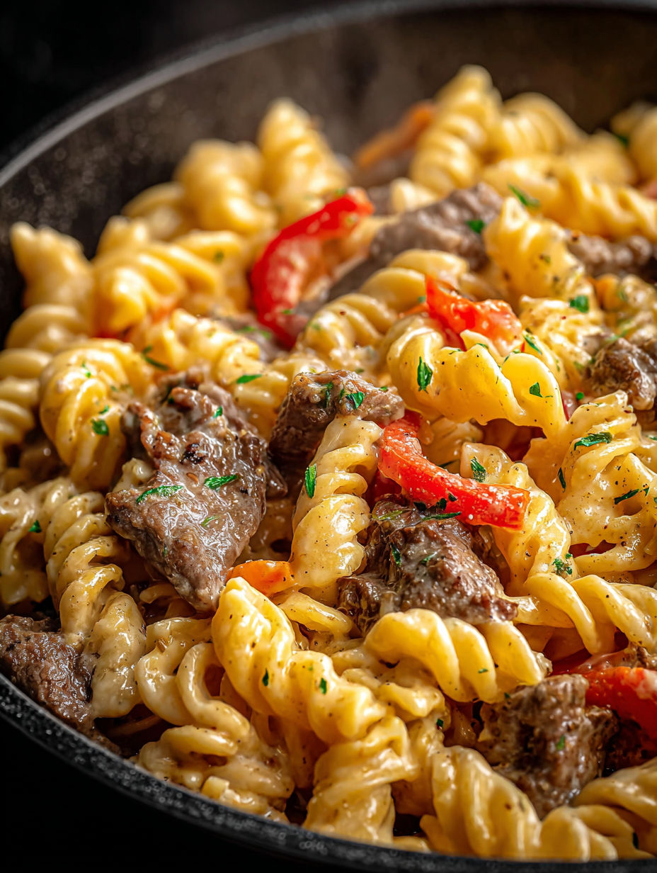 Nahaufnahme von leckerer Philly Cheesesteak Pasta.