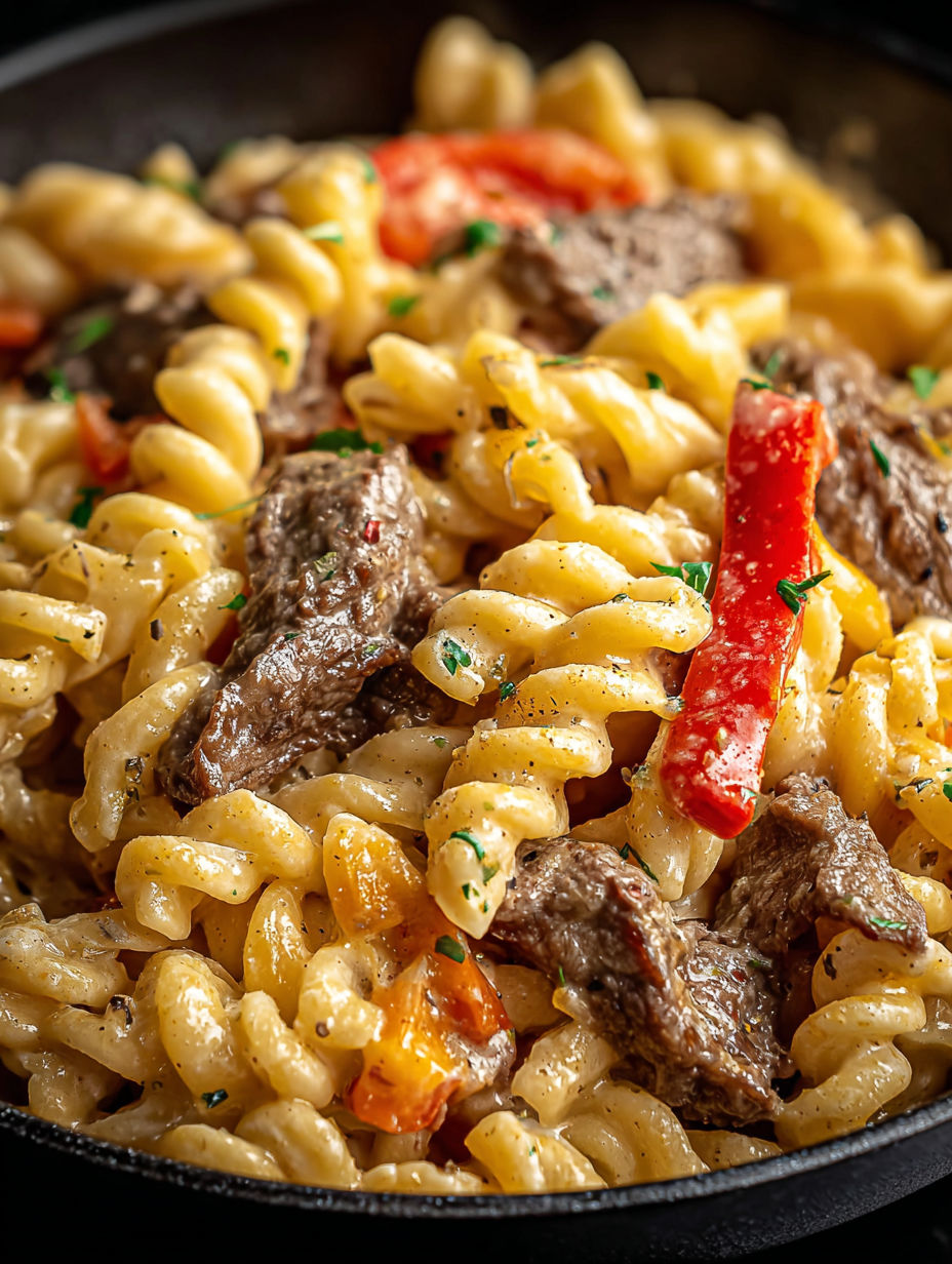 Nahaufnahme von leckerer Philly Cheesesteak Pasta.