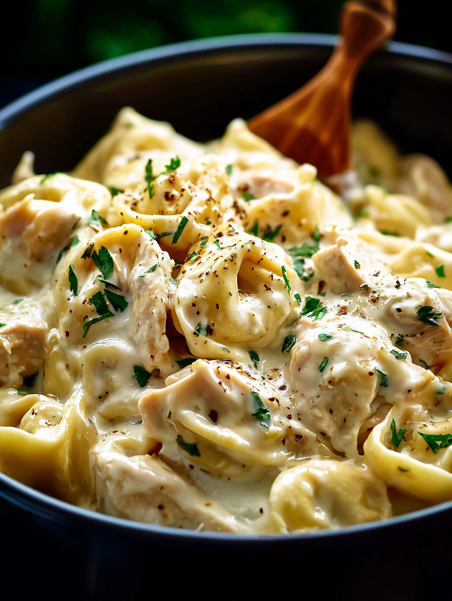 Eine Schale Nudeln mit Hühnchen und Käse.