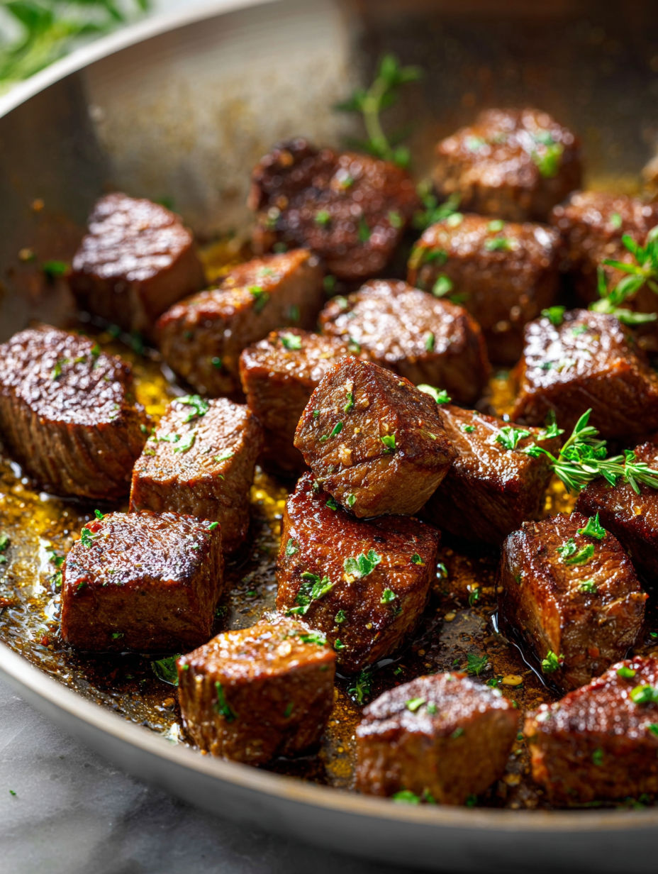 Eine Pfanne mit Steakstücken.