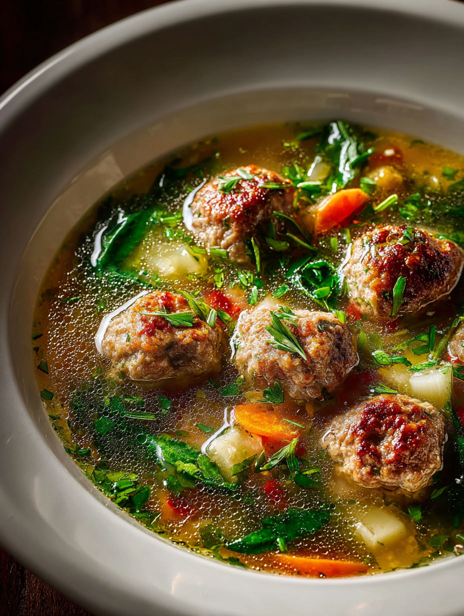 Eine Suppe mit Fleischbällchen und frischem Grün.
