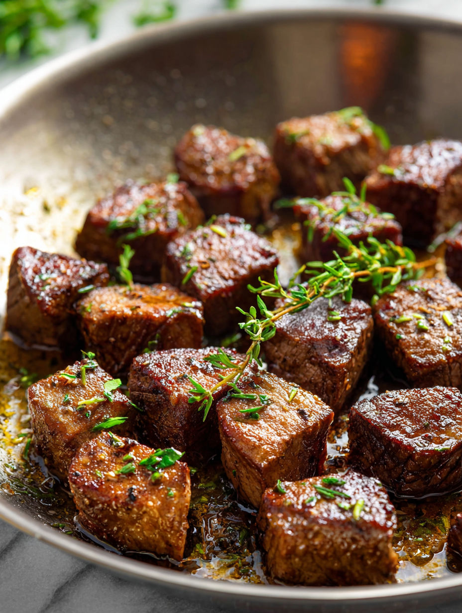 Steakstücke in der Pfanne.