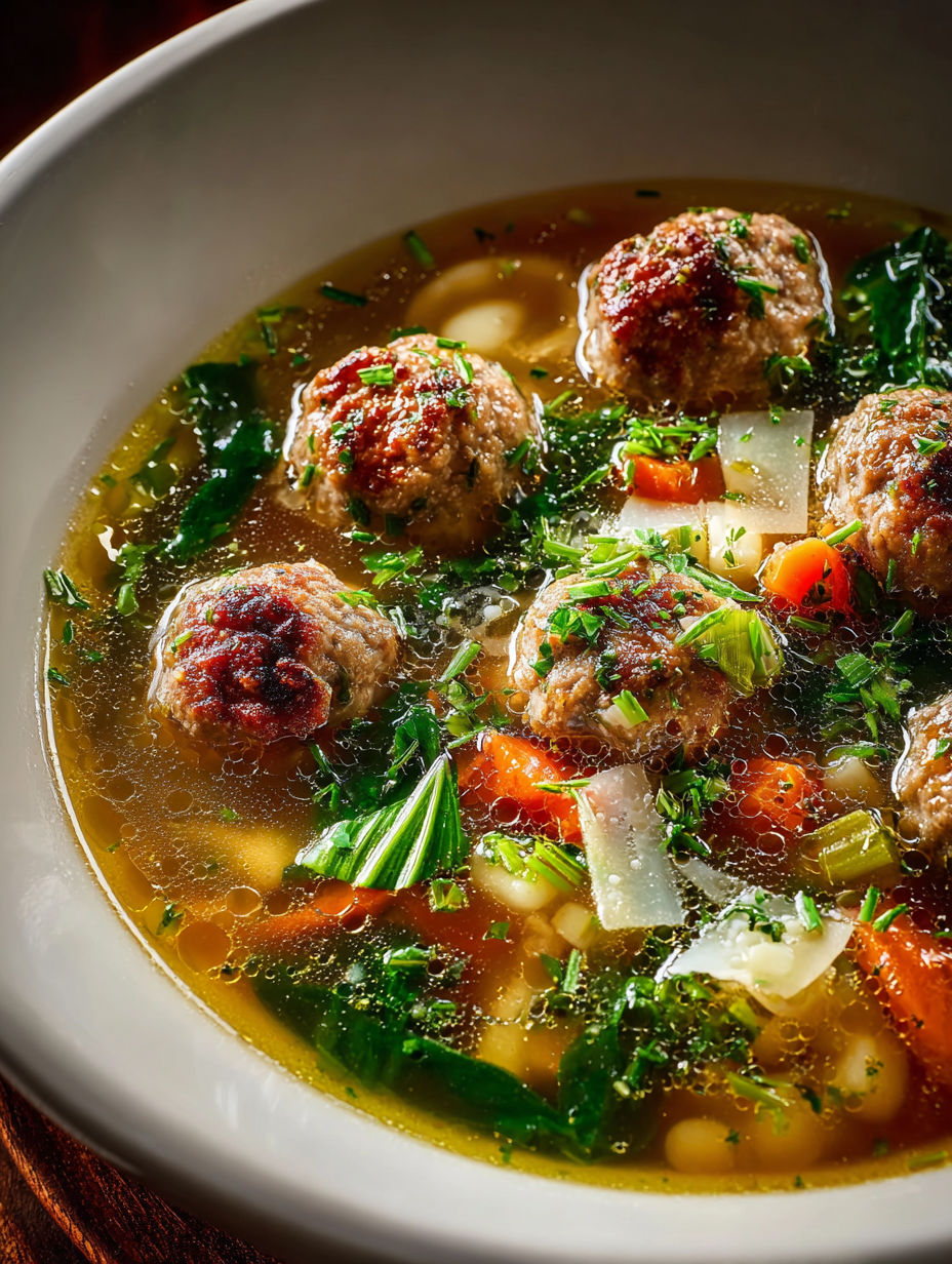 Eine Schüssel Suppe mit Fleischbällchen und Gemüse.