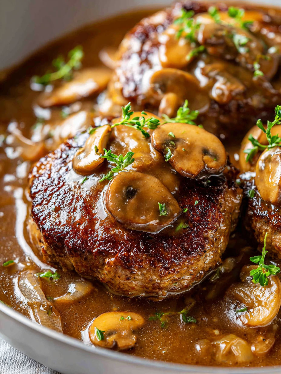 Nahaufnahme von Fleischstück mit Pilzen oben drauf.