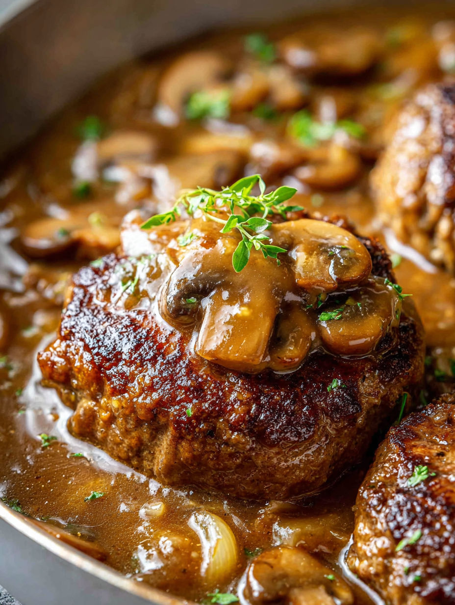 Nahaufnahme von einem Stück Fleisch mit Pilzen darauf.