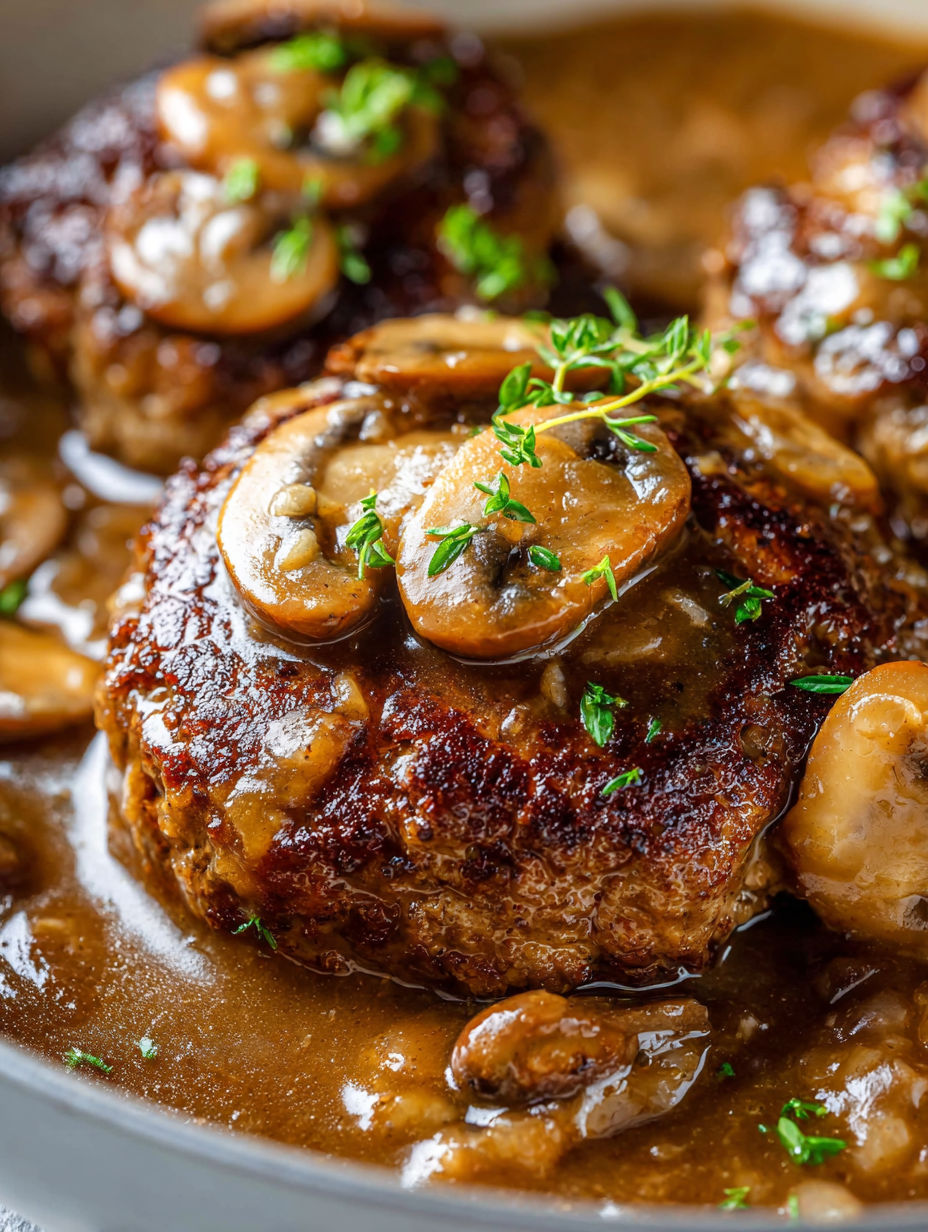 Ein Stück Fleisch mit Pilzen oben drauf
