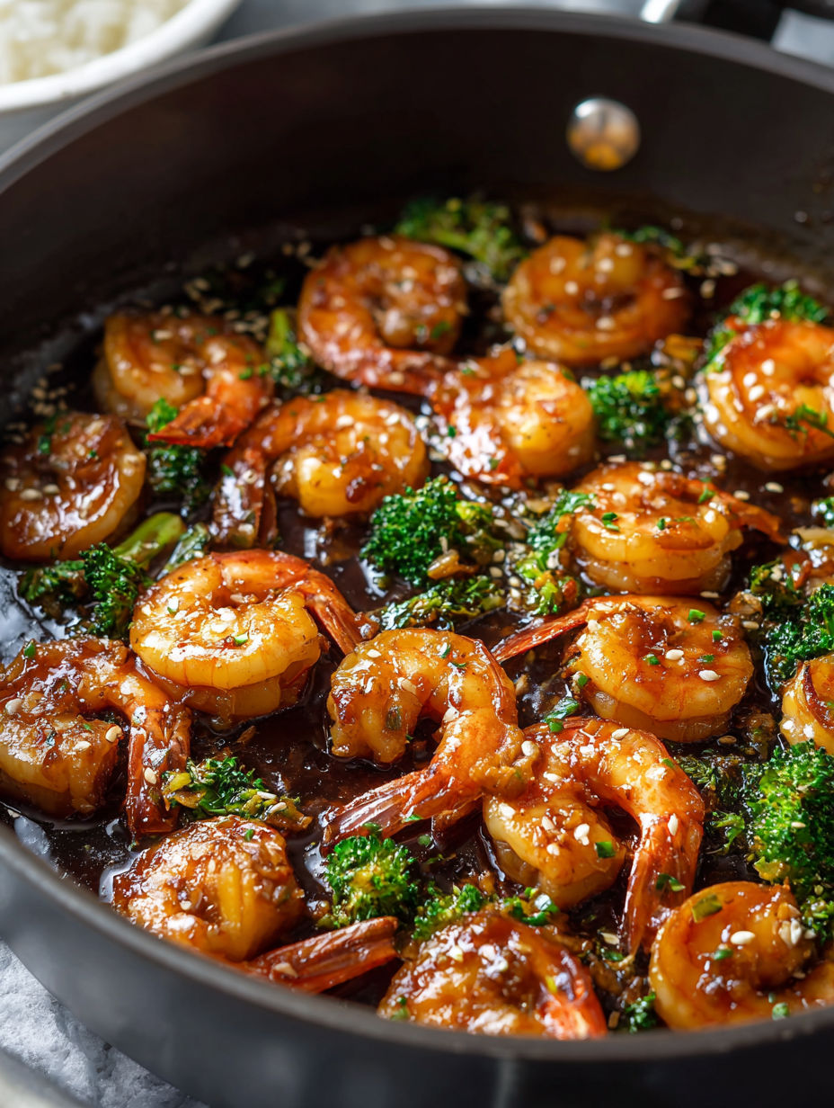 Eine Pfanne mit Garnelen, Knoblauch und Honig.