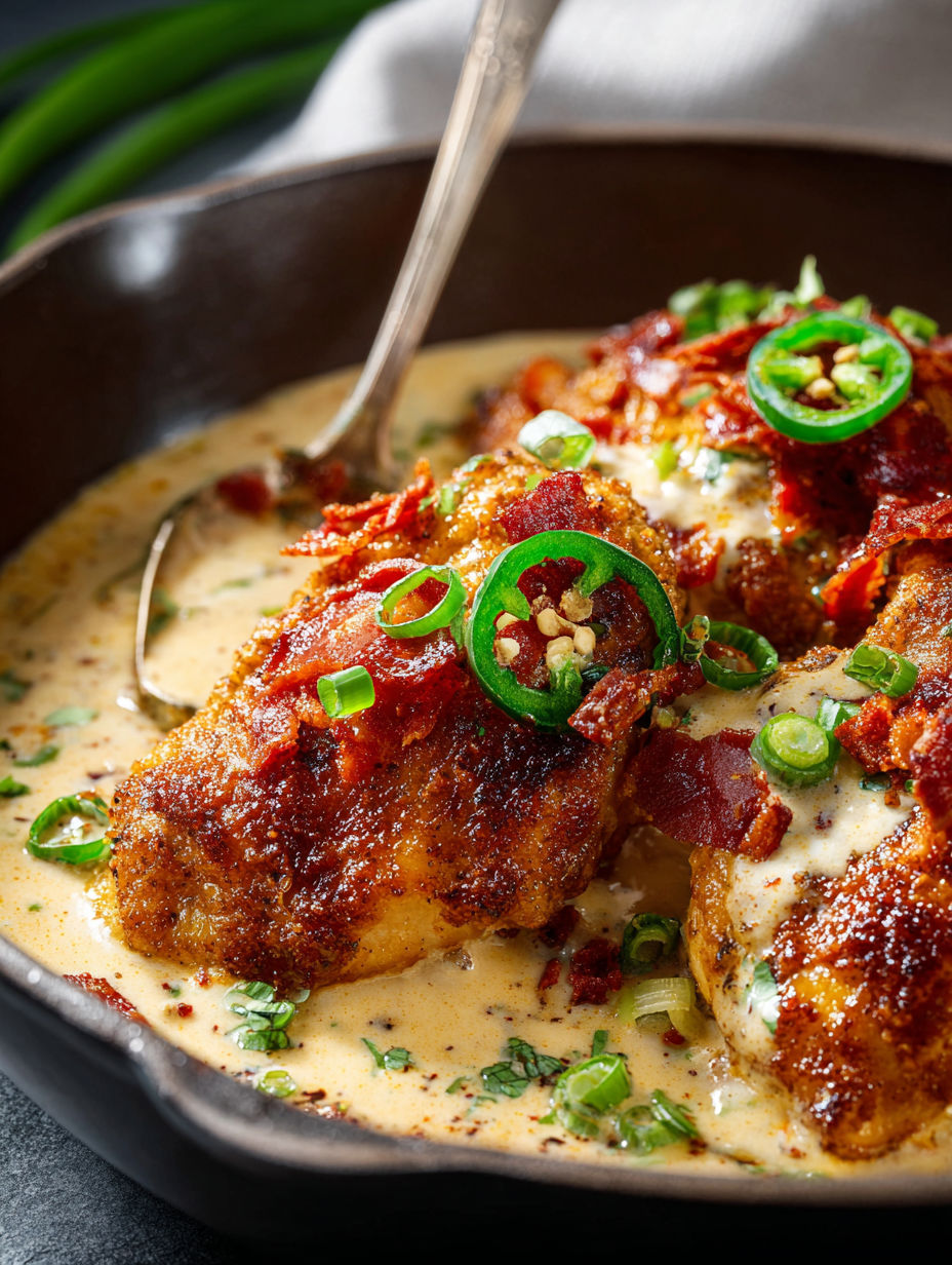 Nahaufnahme von einem Hähnchengericht mit Jalapeños.