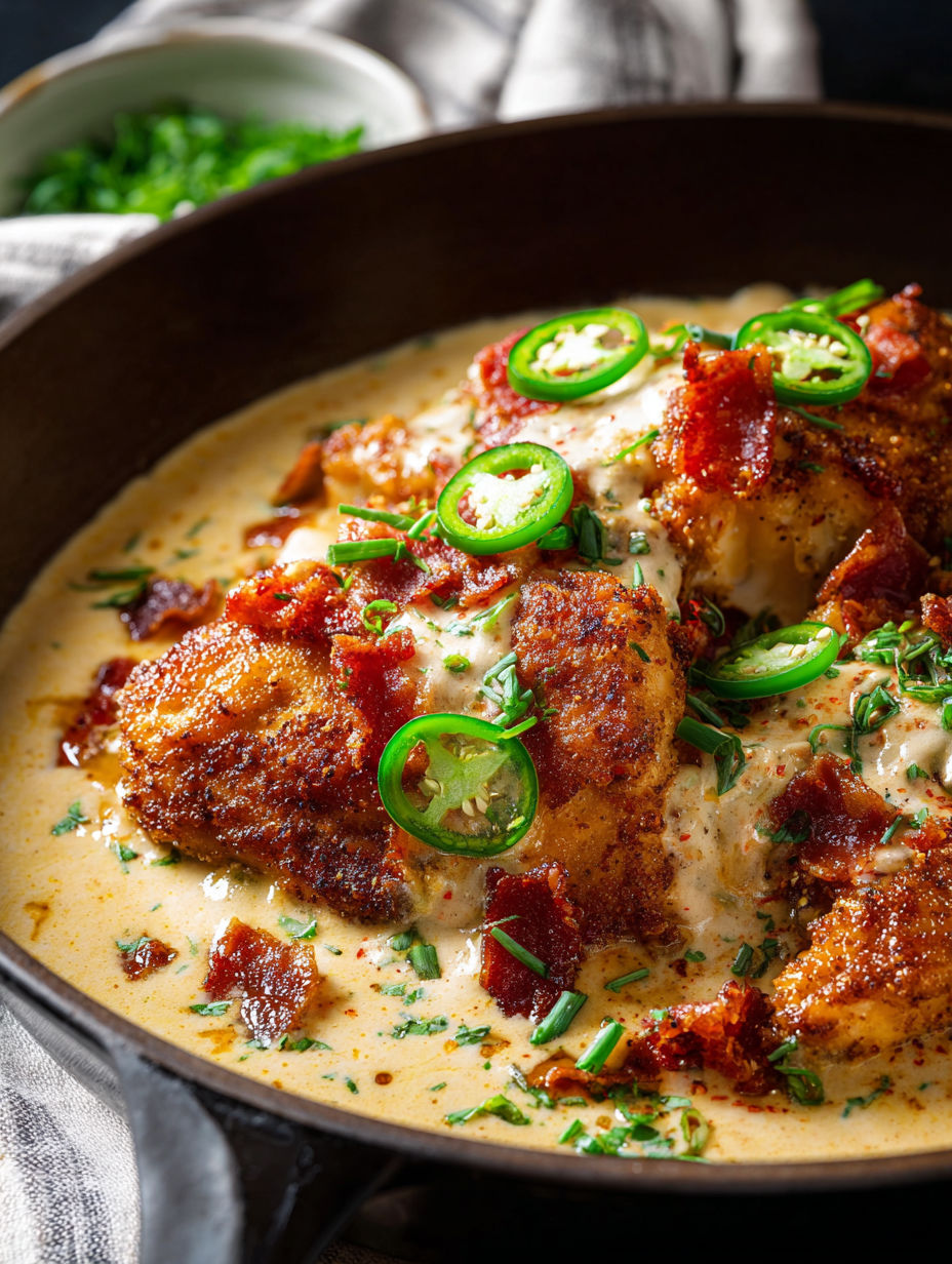 Eine Schale Hühnchen mit Jalapeños obenauf.