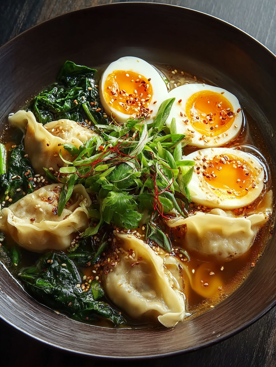 Eine Schale Suppe mit herzhaftem Dumpling und Ei.