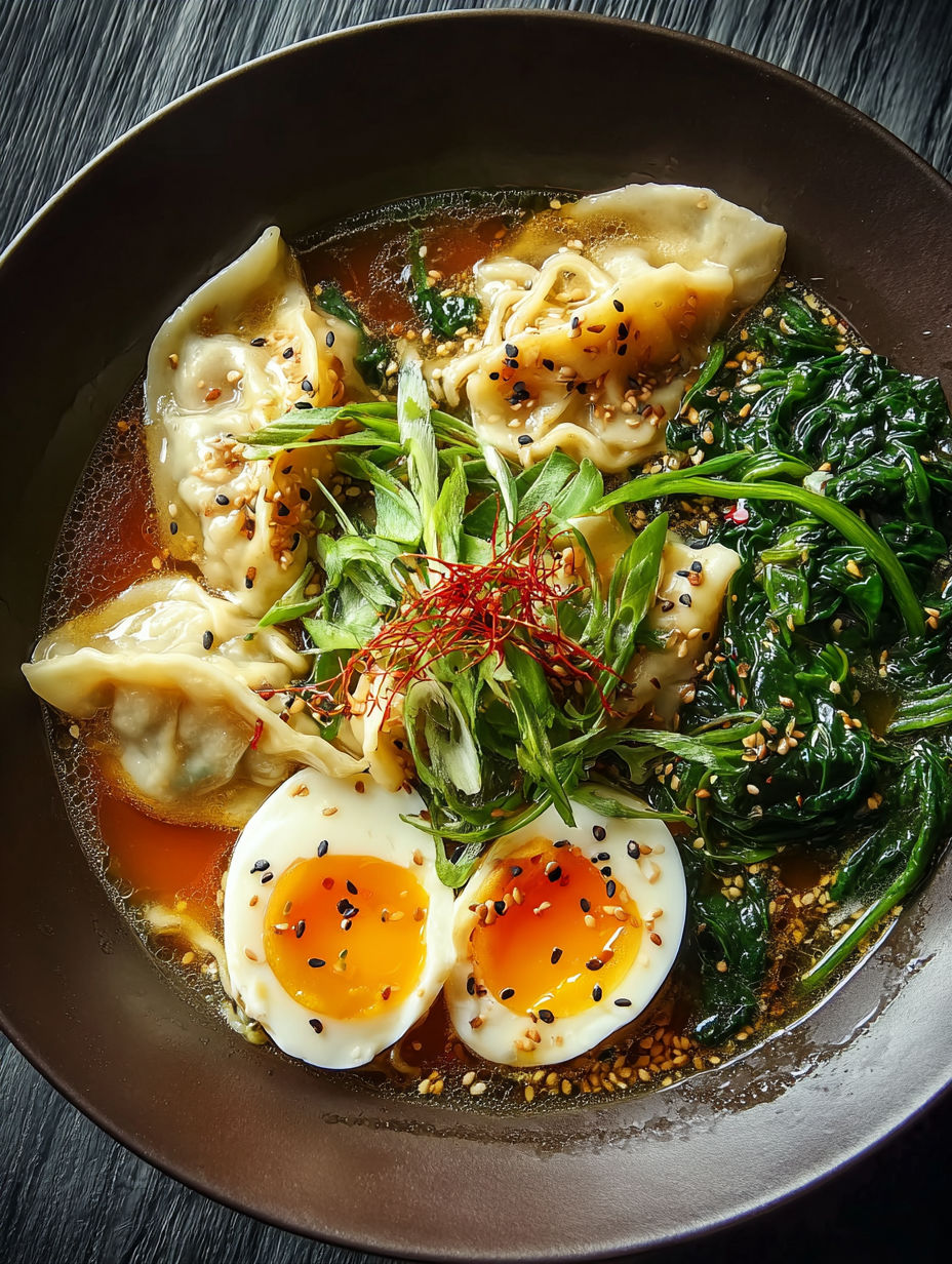 Eine Schüssel mit herzhafter Teigtaschen-Ramen.