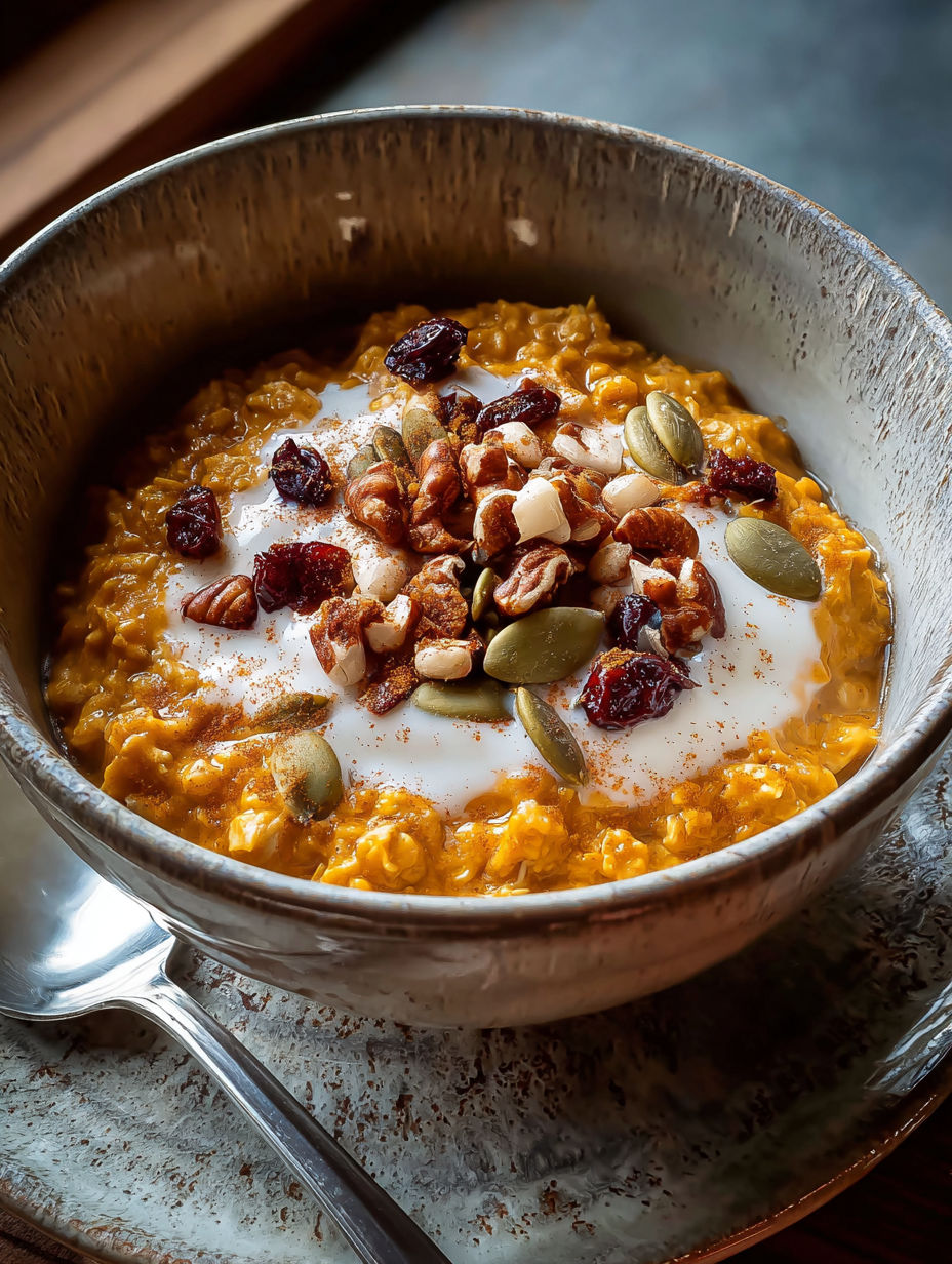 Eine Schüssel warmes, gewürztes Kürbis-Porridge.