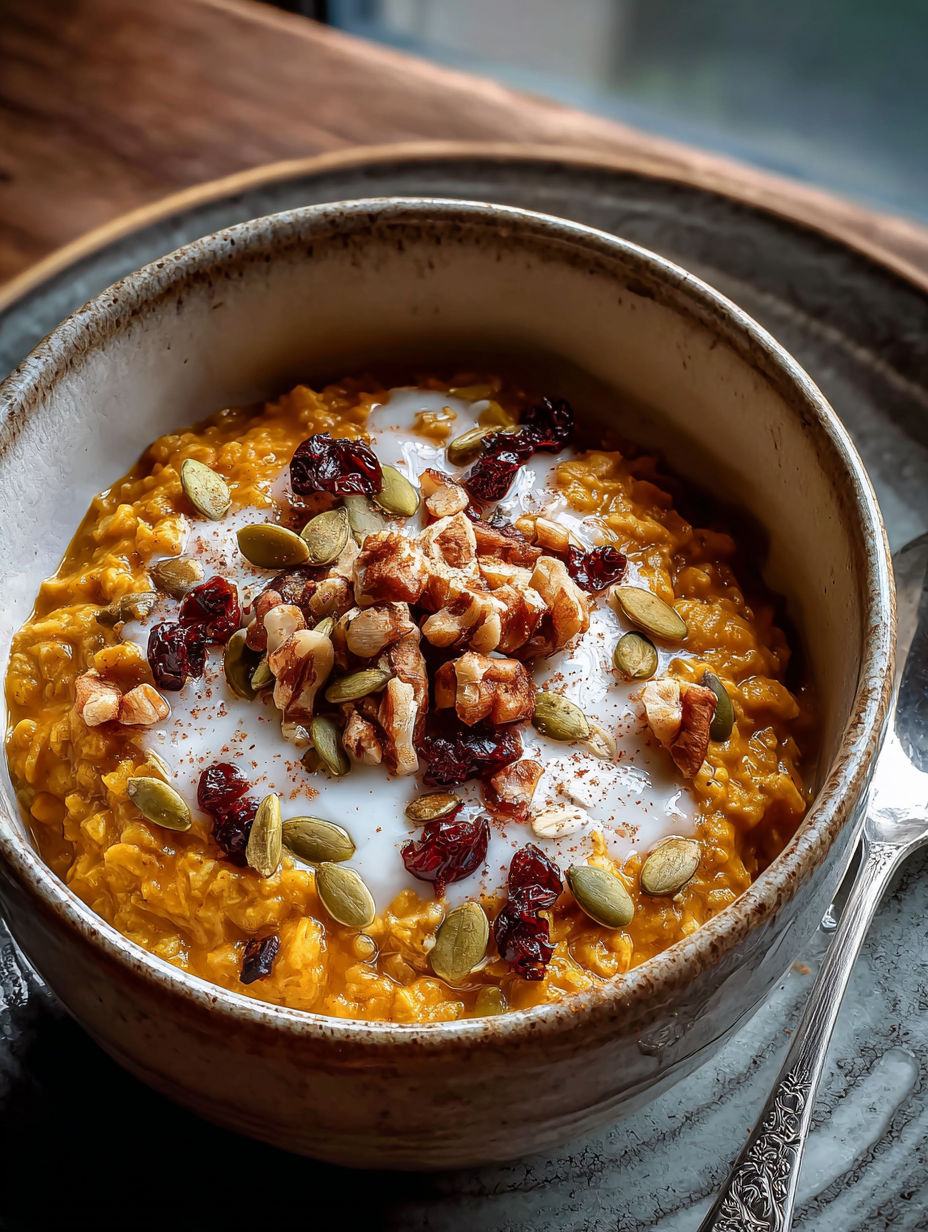 Eine Schüssel warmes, gewürztes Kürbis-Porridge.
