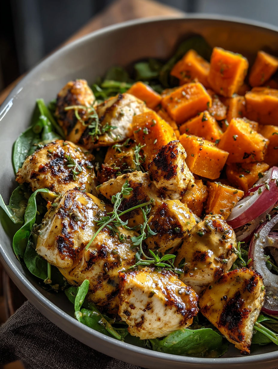 Eine Schüssel mit Huhn, Süßkartoffeln und grünem Spinat.