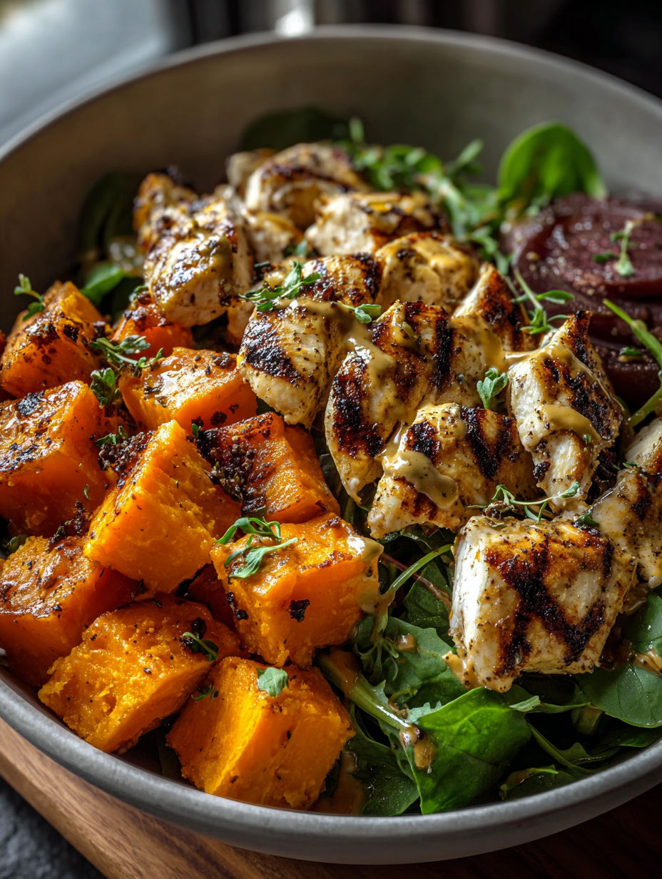 Eine Schüssel mit Hähnchen, Süßkartoffeln und frischem Grün.