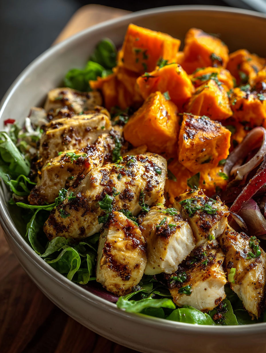 Eine Schüssel mit Hähnchen und Süßkartoffeln.