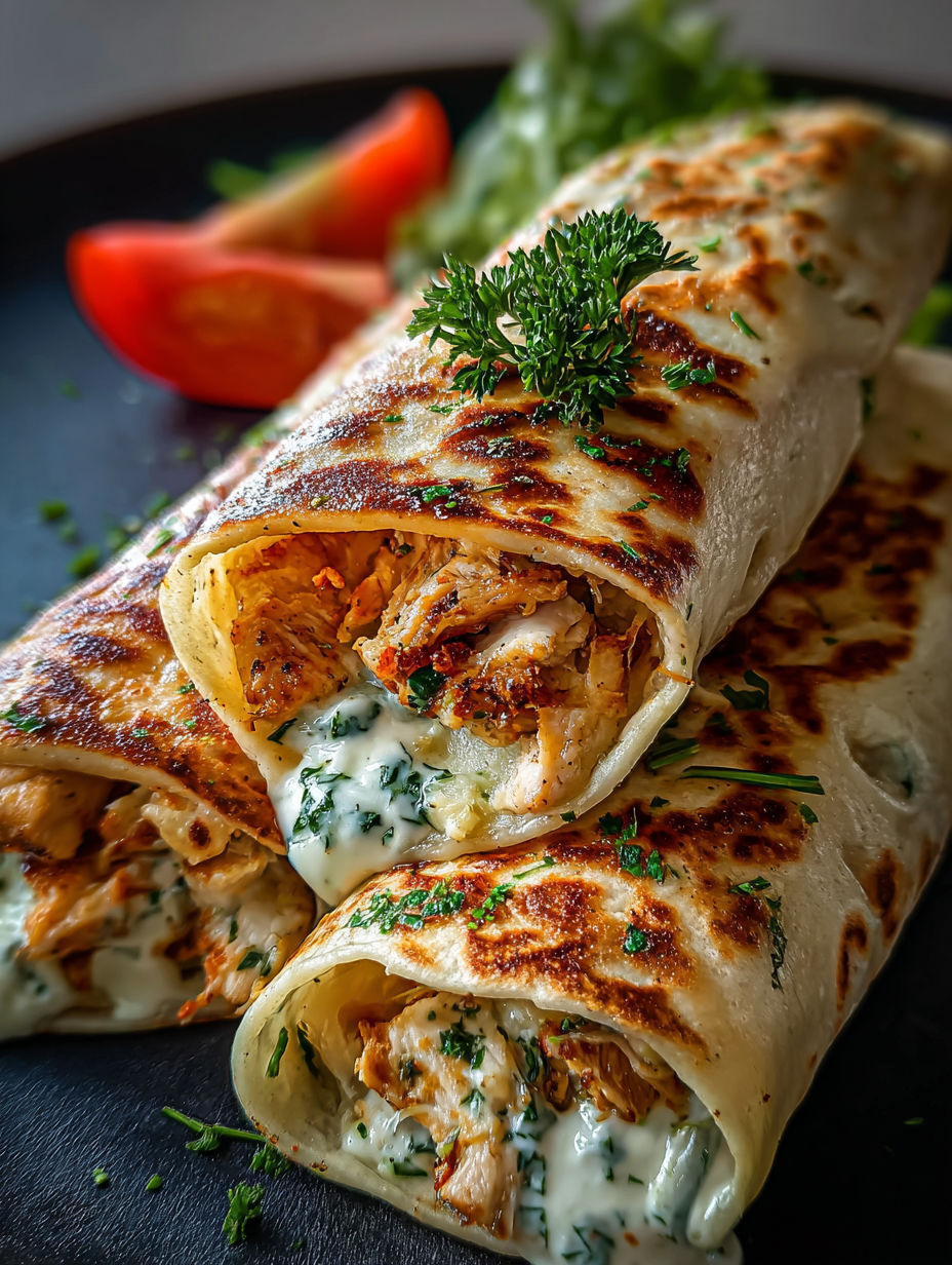 Ein käsiger Knoblauch-Hähnchen-Wrap.