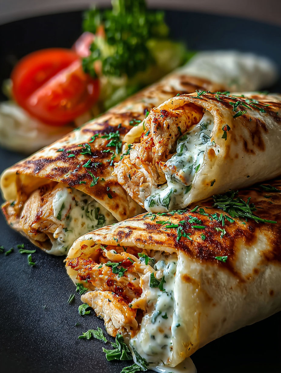 Zwei käsige Knoblauch-Hähnchen-Wraps auf einem Teller.