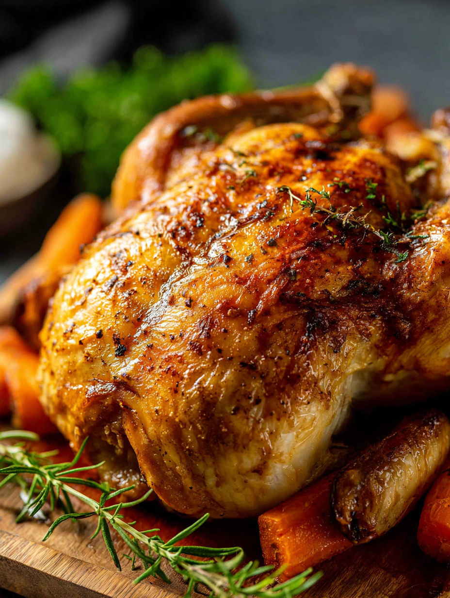 Ein gebratenes Hähnchen mit Kräutern und Gewürzen.