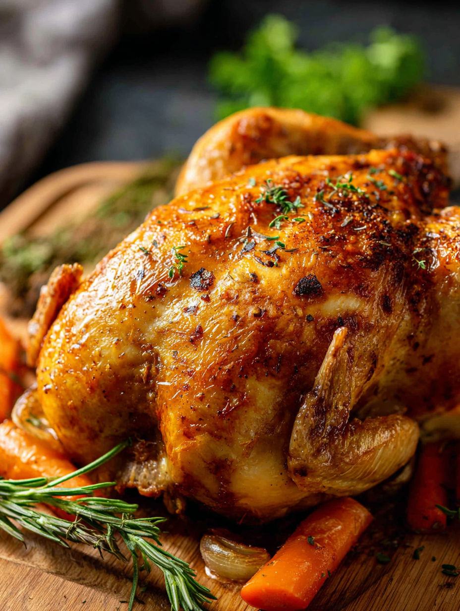 Ein gebratenes Hähnchen mit Kräutern und Gewürzen.