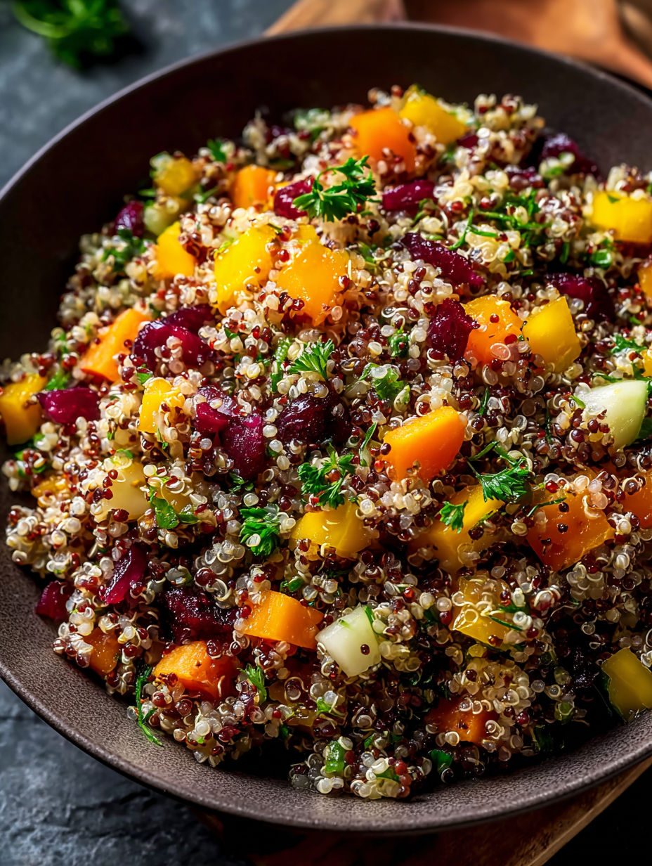 Eine Schüssel Quinoa Salat mit verschiedenen Früchten und Gemüse.