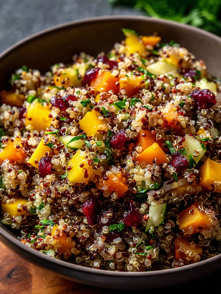 Eine Schüssel Quinoa-Salat mit verschiedenen Früchten und Gemüse.