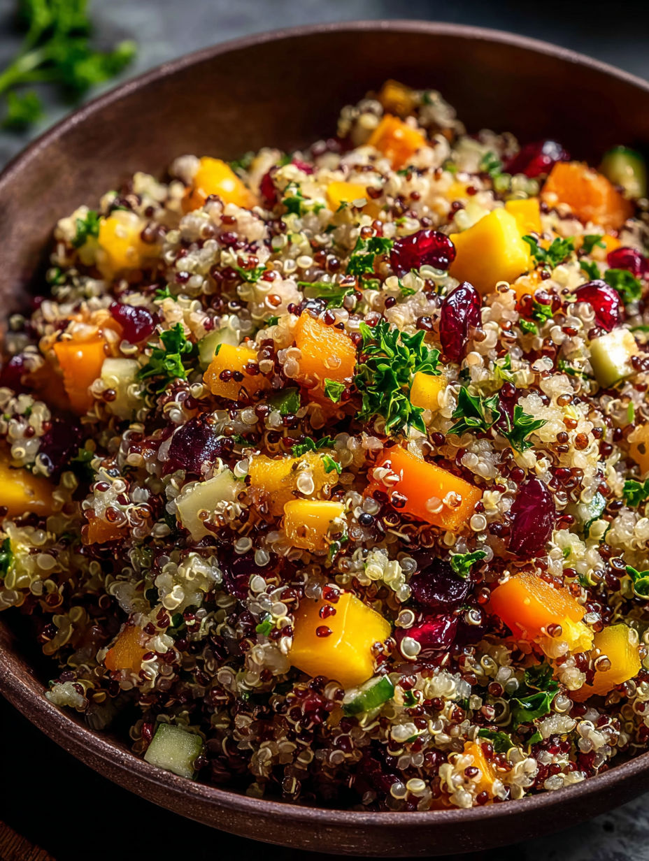 Eine Schüssel Quinoa-Salat mit verschiedenen Früchten und Gemüse.