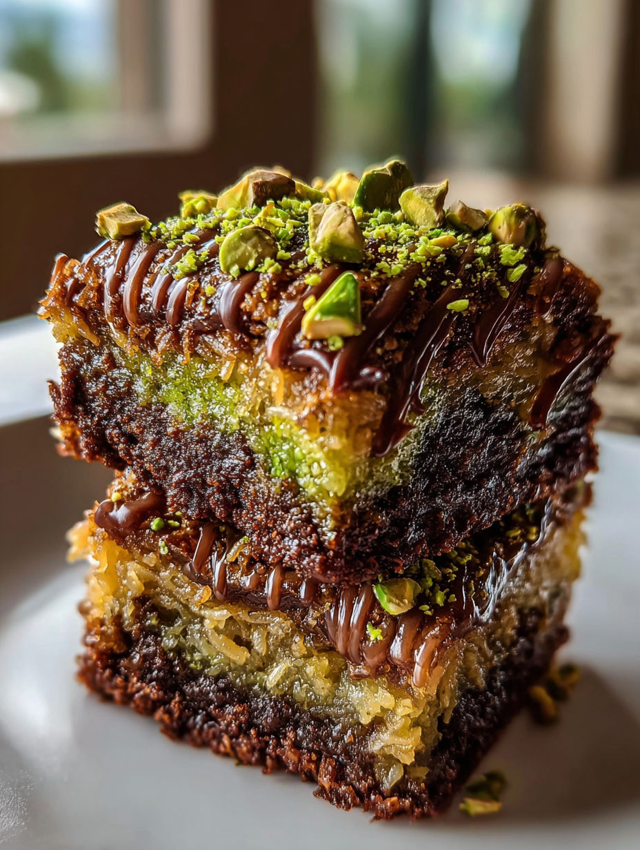Ein Stück Pistazien Kunafa Brownies.