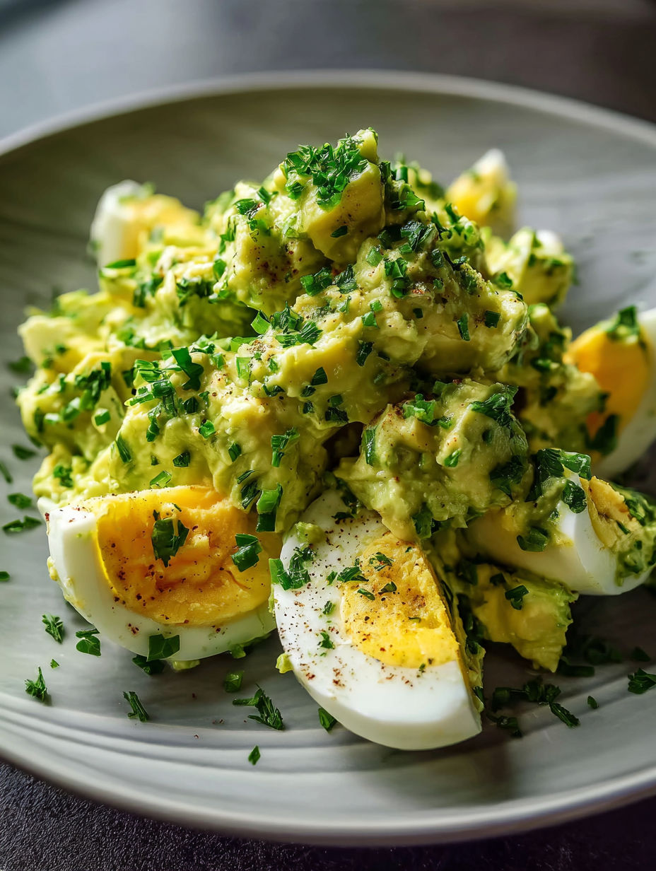 Ein Teller mit cremigem Avocado-Ei-Salat.