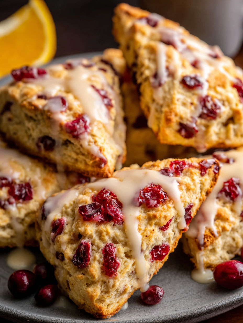 Ein Stapel Orangen Cranberry Scones.