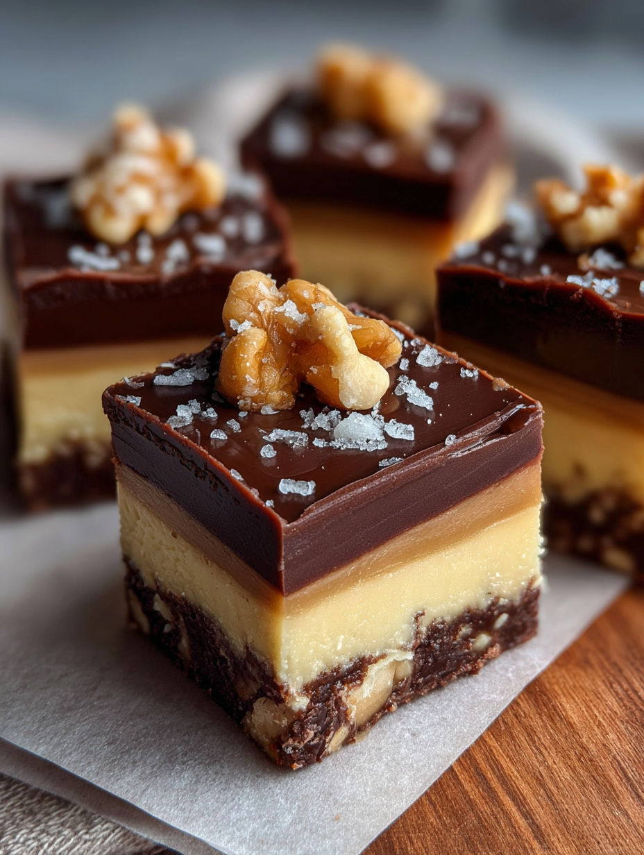 Ein Stück Schokoladenkuchen mit Walnüssen oben drauf.