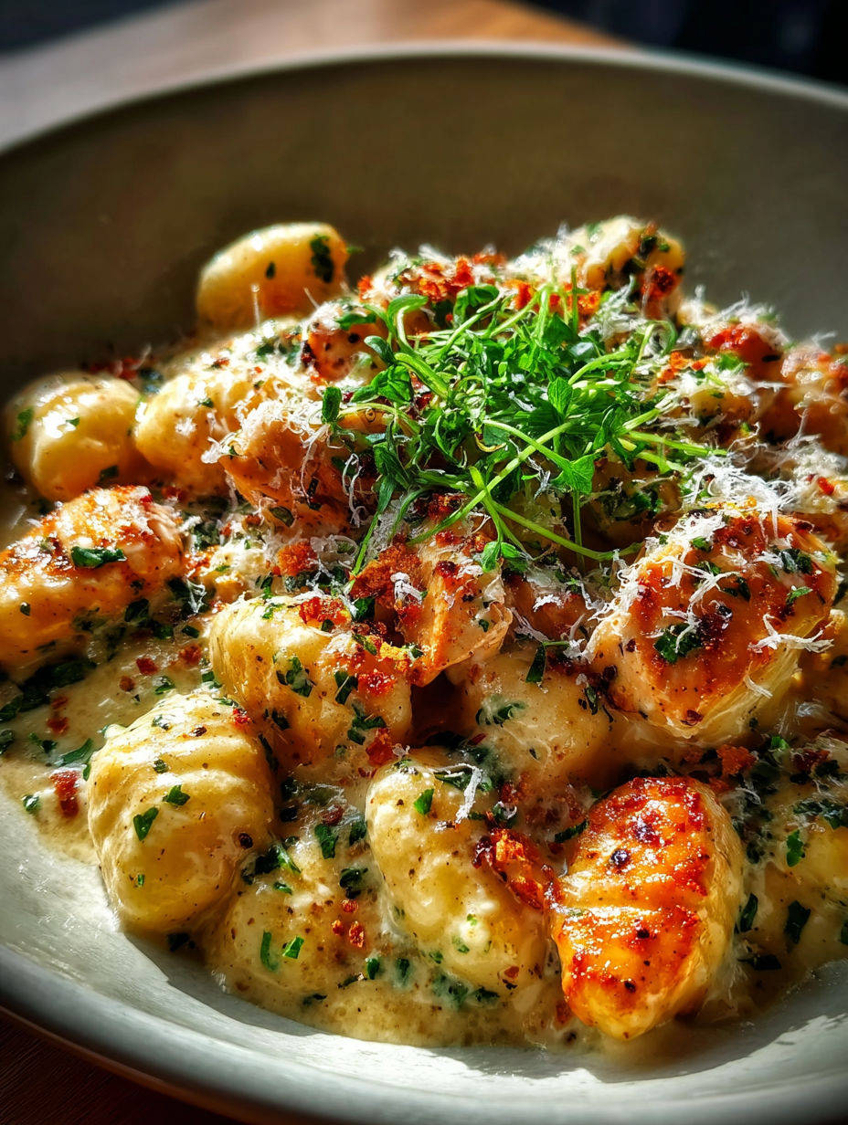 Schüssel mit Asiago-Hähnchen-Gnocchi.