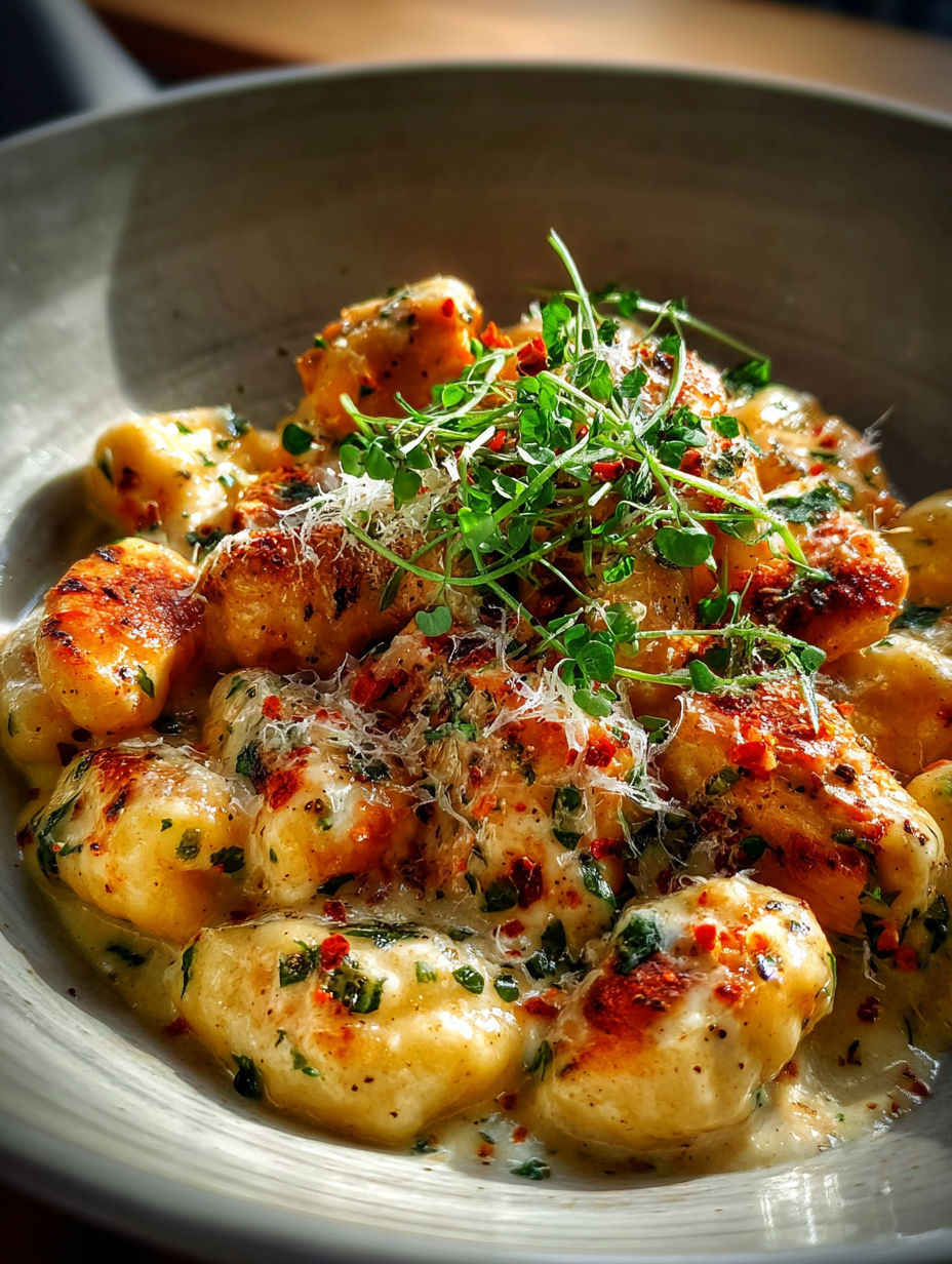 Schüssel mit Asiago-Hähnchen-Gnocchi.
