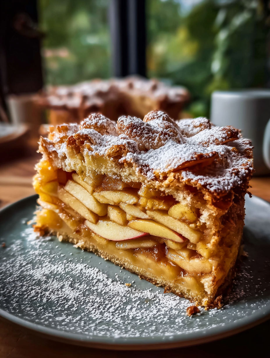 Ein Stück Kuchen mit Äpfeln und Zucker oben drauf.