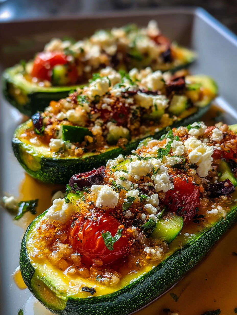 Ein Teller gefüllter Zucchini mit Tomaten und Feta.