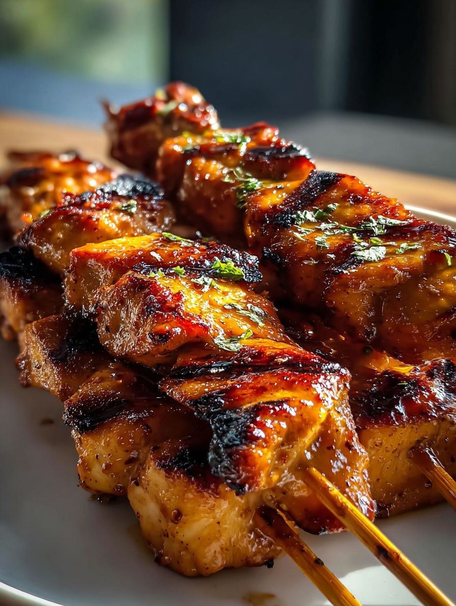 Chipotle-Honig-Hähnchenspieße auf einem Teller.