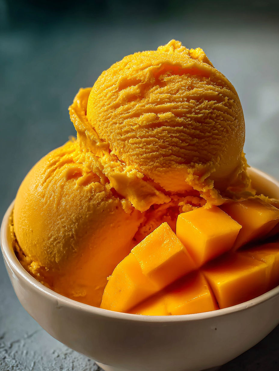 Ein Schälchen Mangosorbet.