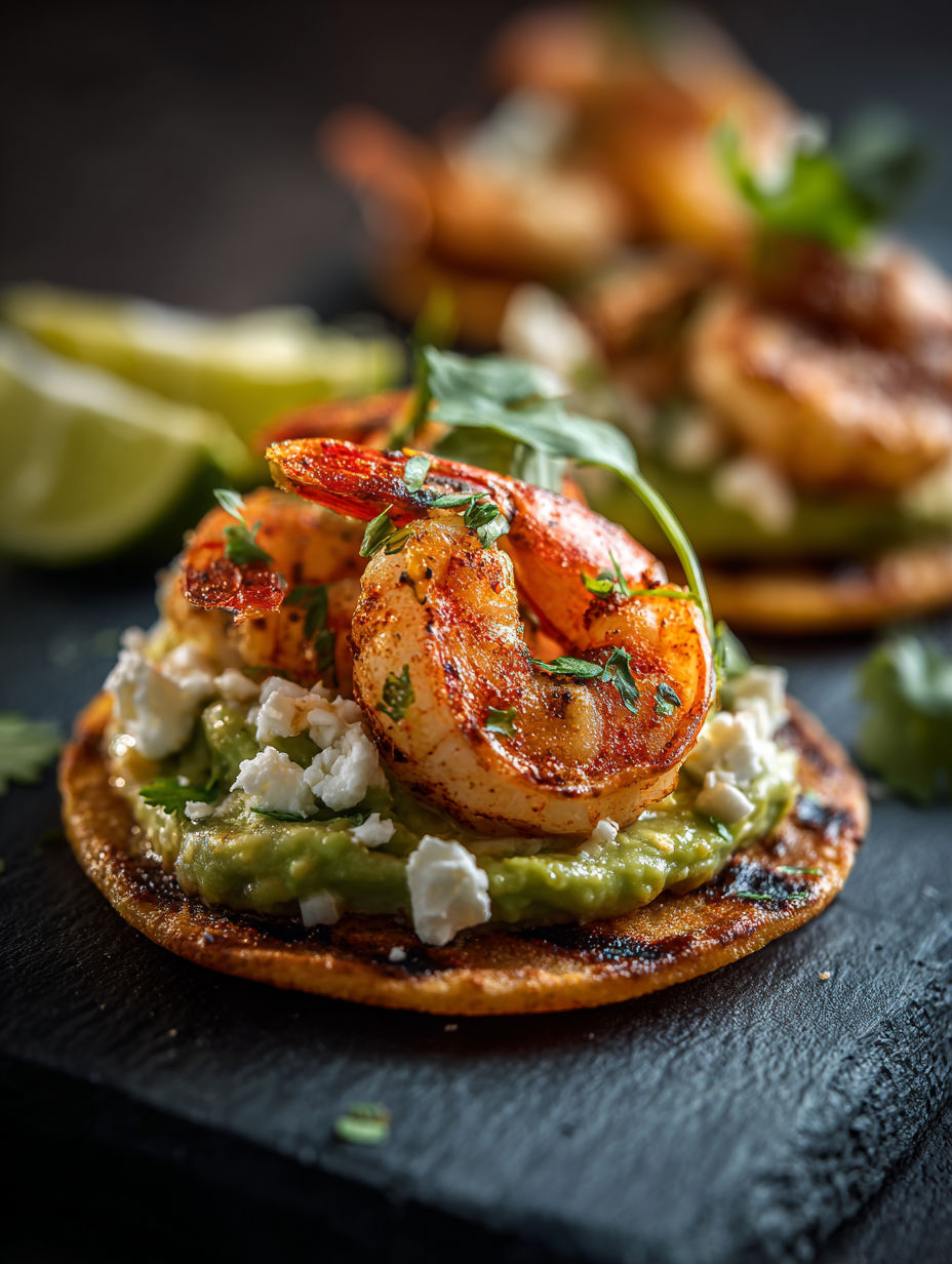 Gegrillte Garnelen Tostadas mit cremiger Avocado.